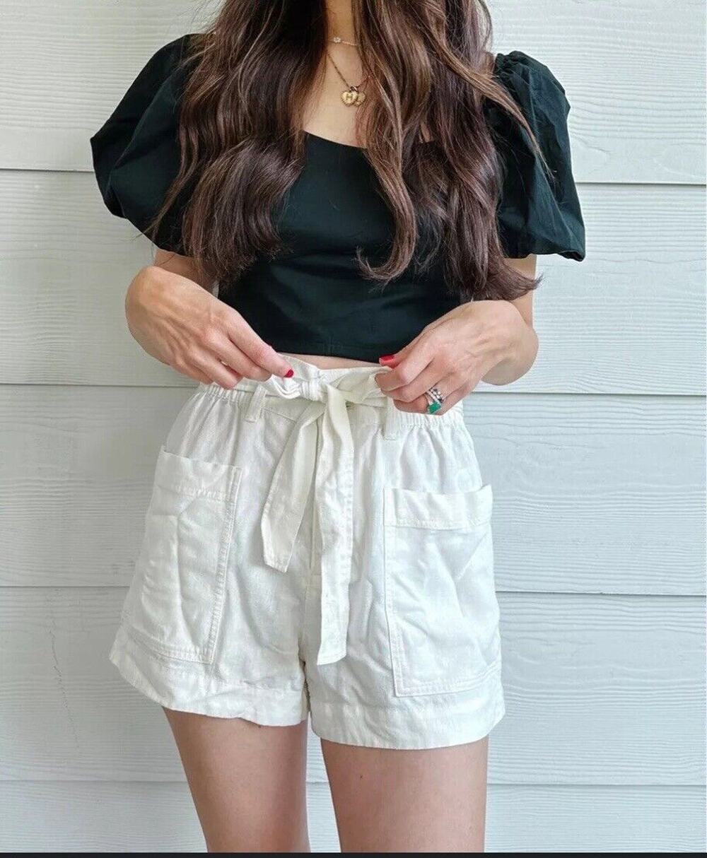 Free Assembly High Rise Relaxed Fit Shorts White Medium Tie Front Rayon & Linen